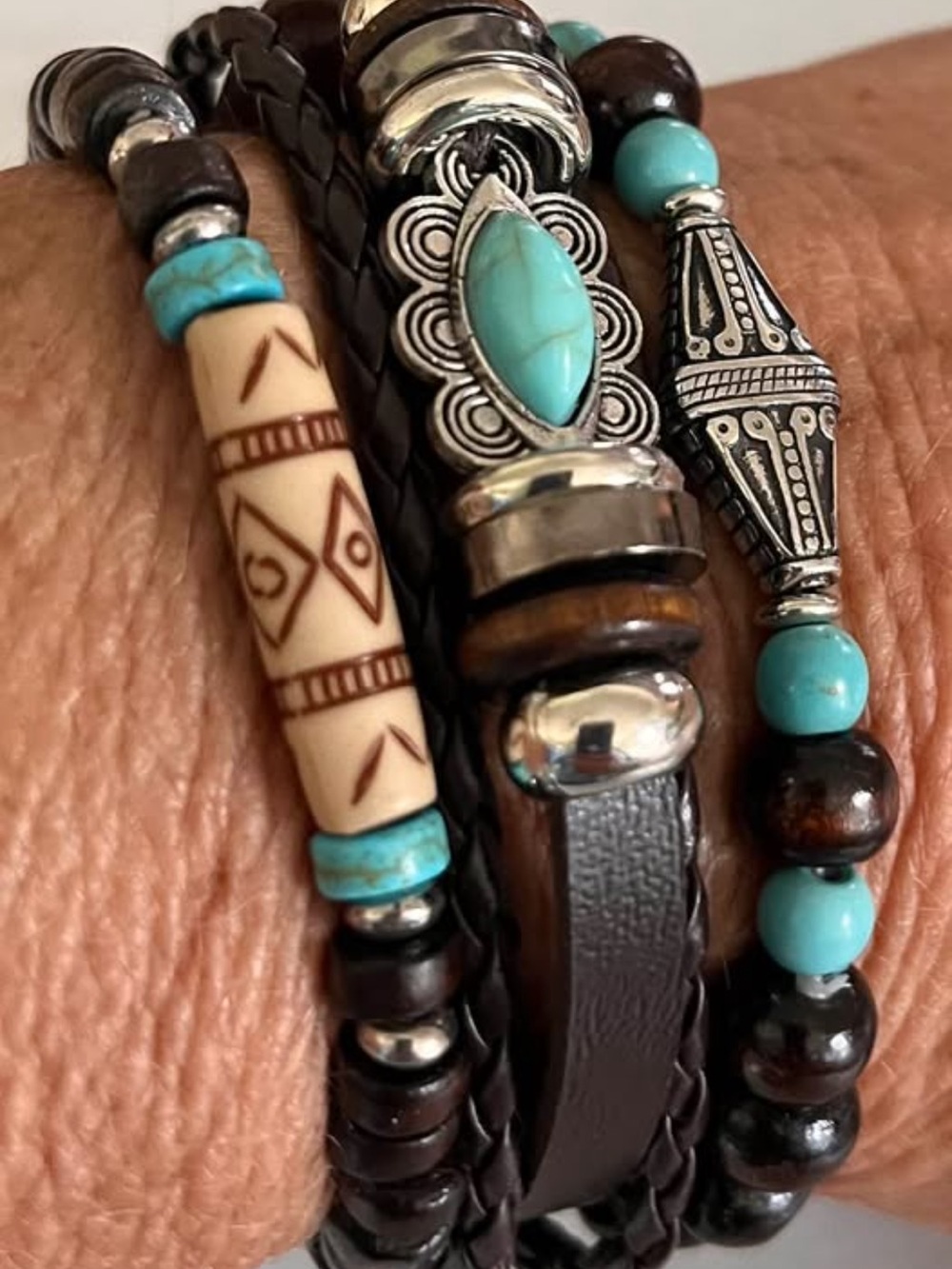 Turquoise and Brown Multi-Strand Beaded Leather Bracelet
